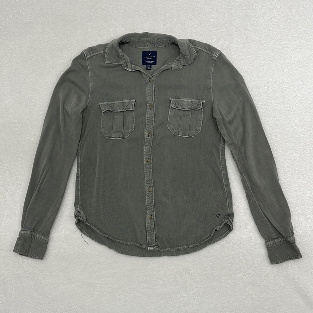 American Eagle Boyfriend‎ Fit Button Shirt Green sz XS
